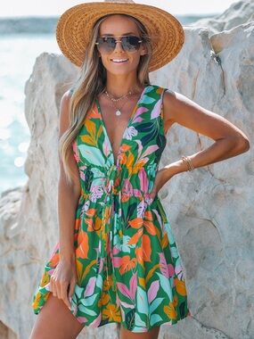 Cupshe Green Tropical Floral Mini Dress with Orange & Pink Accents